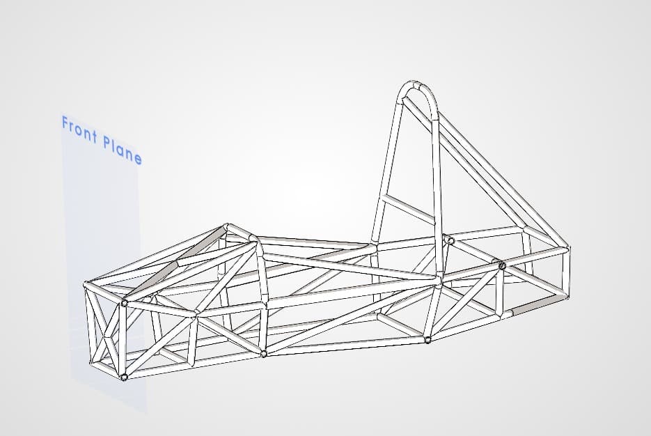 Wireframe CAD model of the space frame chassis, showing the main hoop, side structure and front bulkhead